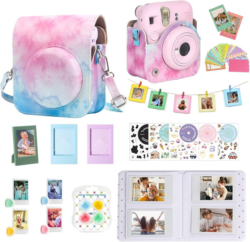 wogozan Mini 12 Accessories Kit for Fujifilm Instax Mini 12 Instant Camera Case+Album for 3 Inch Film+Color Filters+Photo Album & Frames+Wall Hanging Frame+DIY Sticker (Blue Pink Watercolor) - Image 1